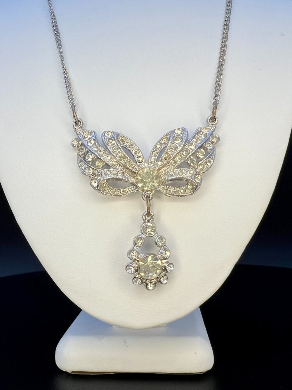 Vintage Rhinestone Necklace 1940s Bow Pendant Drop Silver Tone Art Deco